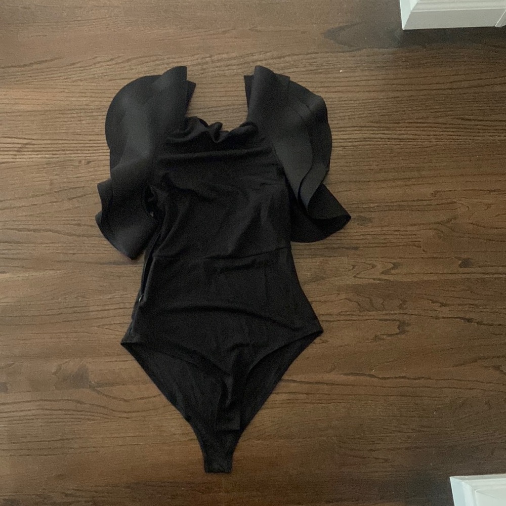low back criss cross black body suit